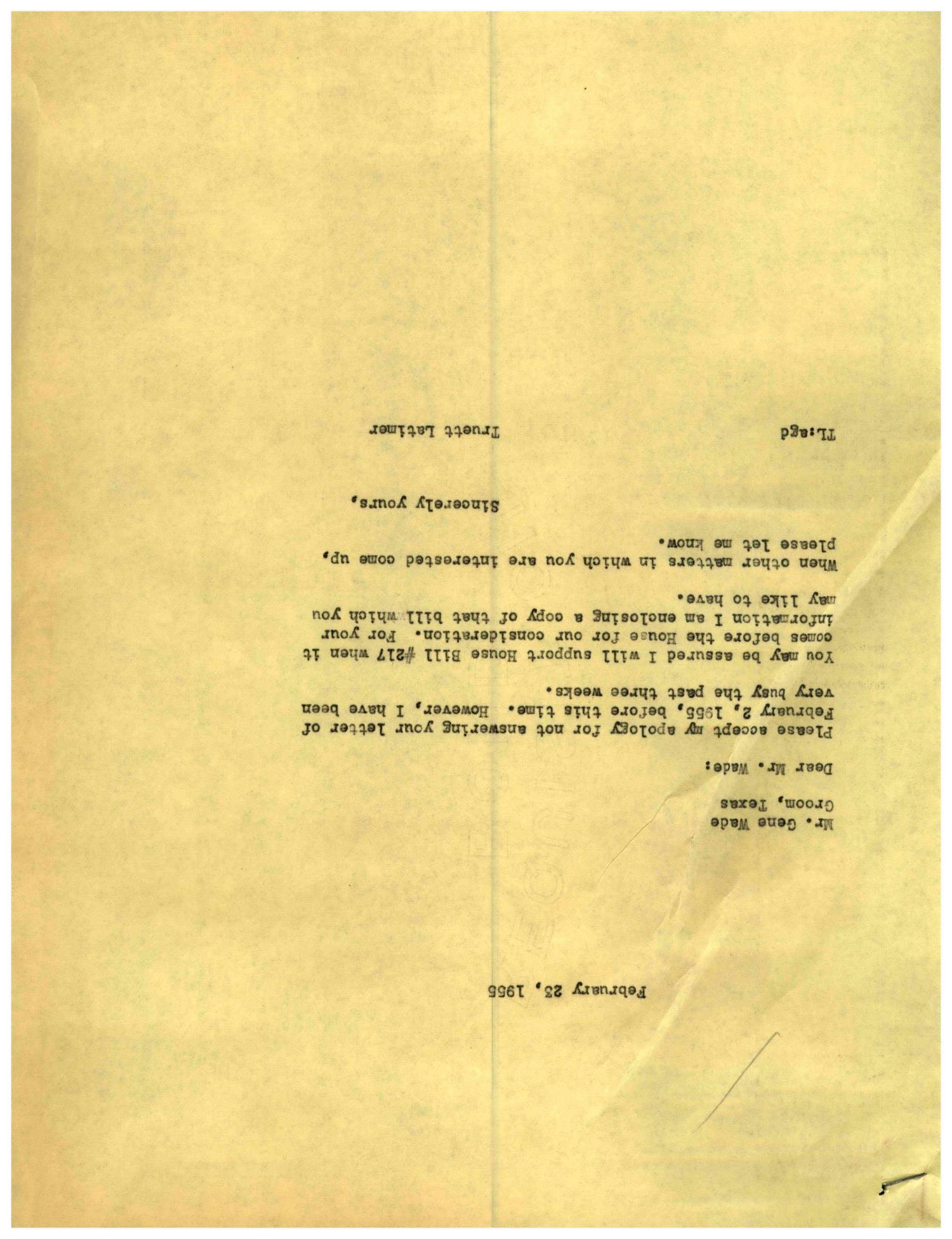 [Letter from Truett Latimer to Gene Wade, February 23, 1955]
                                                
                                                    [Sequence #]: 1 of 1
                                                