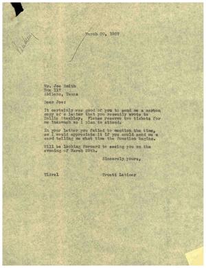 Primary view of object titled '[Letter from Truett Latimer to Joe Smith, March 30, 1955]'.