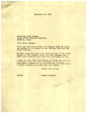 Primary view of object titled '[Letter from Truett Latimer to Owen Thomas, February 18, 1957]'.