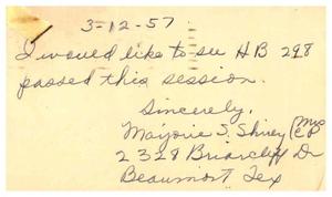 Primary view of object titled '[Postcard from Maijorie S. Shirey to Truett Latimer, March 12, 1957]'.