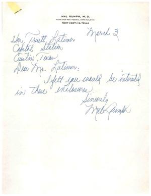 Primary view of [Letter from Mal Rumph to Truett Latimer, March 3]