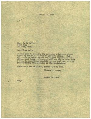 Primary view of object titled '[Letter from Truett Latimer to Mrs. J. B. Walls, March 13, 1957]'.