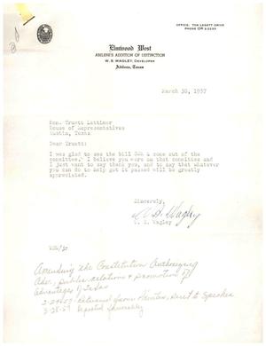 Primary view of object titled '[Letter from W. S. Wagley to Truett Latimer, March 30, 1957]'.