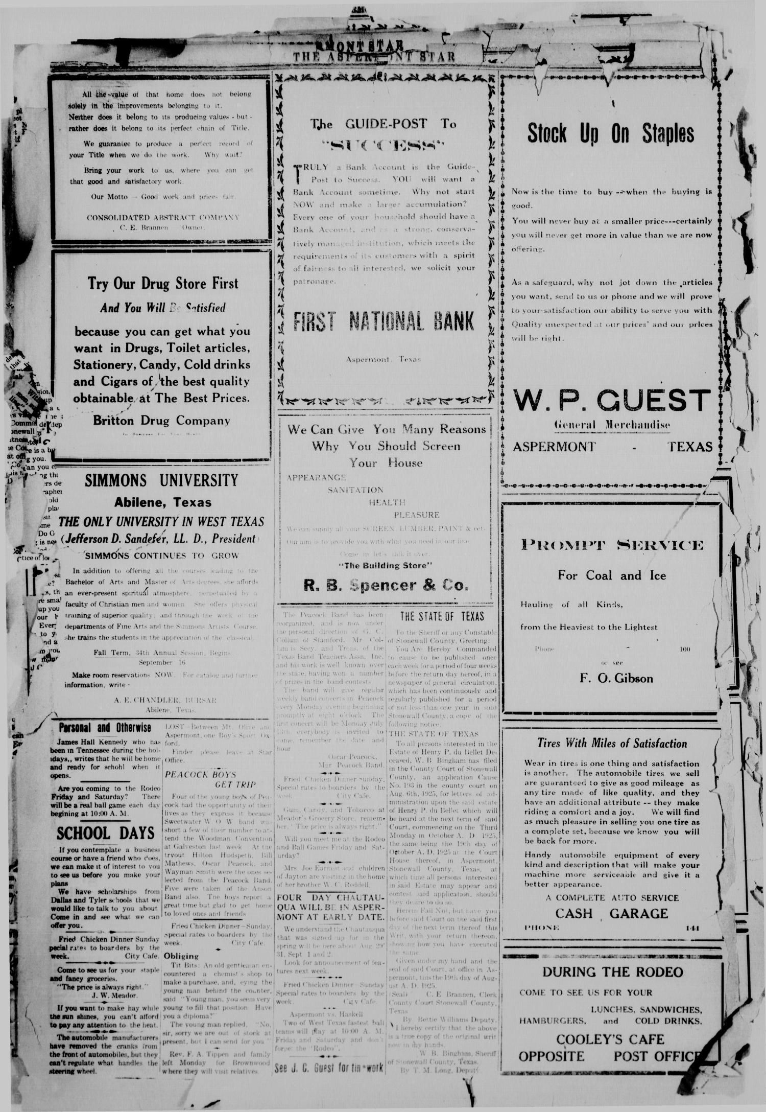 The Aspermont Star (Aspermont, Tex.), Vol. 28, No. 8, Ed. 1  Thursday, August 20, 1925
                                                
                                                    [Sequence #]: 4 of 4
                                                
