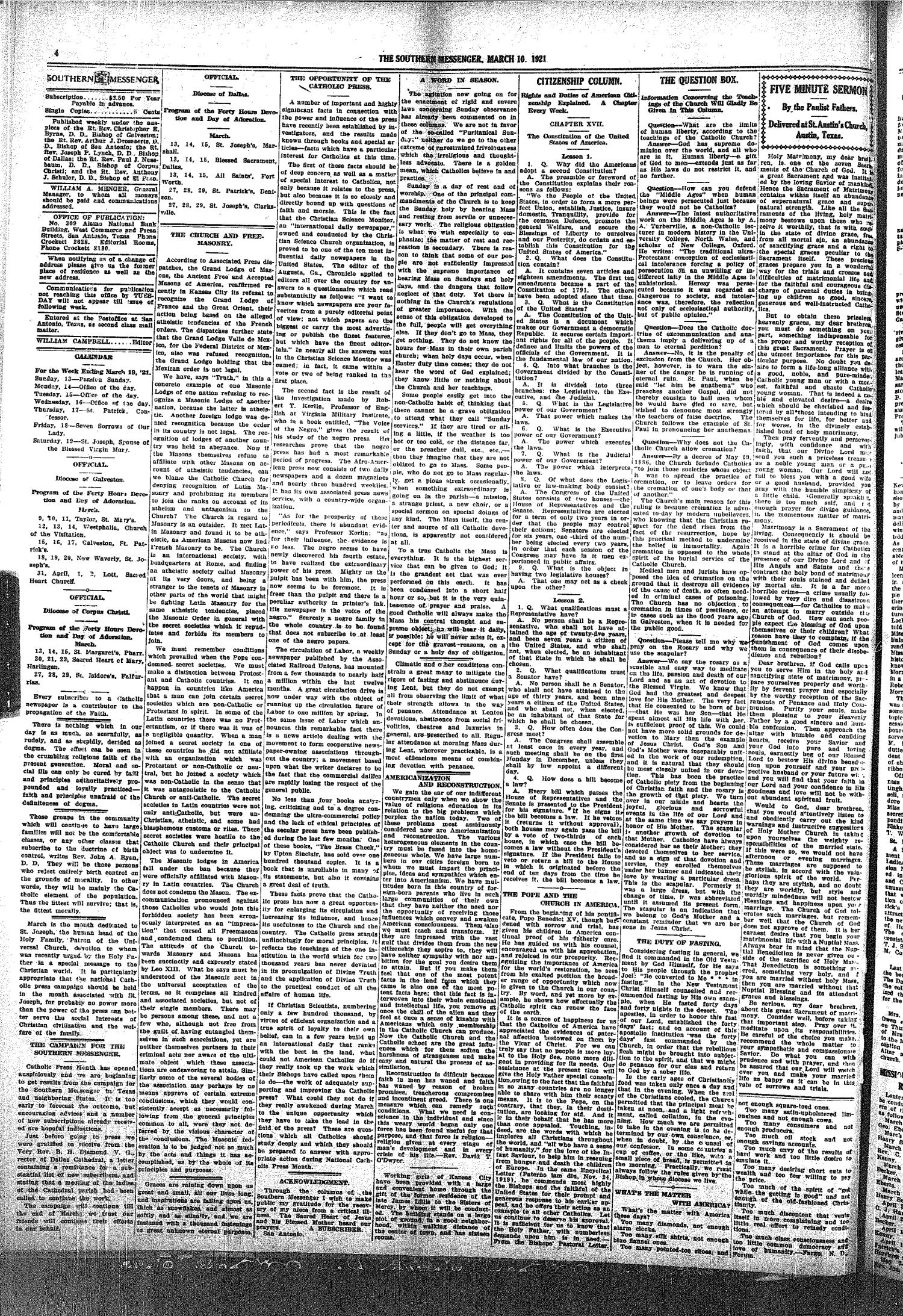 Southern Messenger (San Antonio and Dallas, Tex.), Vol. 30, No. 5, Ed. 1 Thursday, March 10, 1921
                                                
                                                    [Sequence #]: 4 of 8
                                                