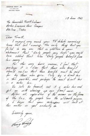 Primary view of object titled '[Letter from George Gray, Jr. to Truett Latimer, June 13, 1961]'.