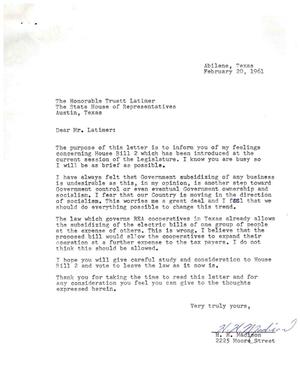 Primary view of object titled '[Letter from H. H. Madison to Truett Latimer, February 20, 1961]'.