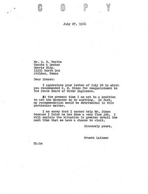 Primary view of object titled '[Letter from Truett Latimer to E. B. Yeatts, July 27, 1961]'.