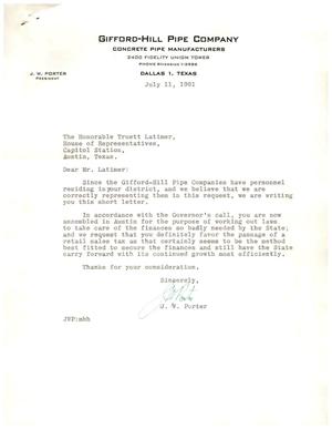 Primary view of object titled '[Letter from J. W. Porter to Truett Latimer, July 11, 1961]'.