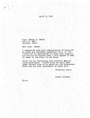 Primary view of object titled '[Letter from Truett Latimer to Thomas D. Smith, April 6, 1961]'.