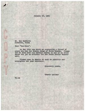 Primary view of object titled '[Letter from Truett Latimer to Ben Sudderth, January 18, 1961]'.