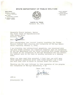 Primary view of object titled '[Letter from John H. Winters to Truett Latimer, November 29, 1961]'.