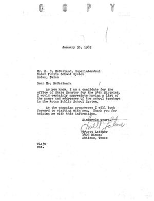 Primary view of object titled '[Letter from Truett Latimer to K. C. McCasland, January 30, 1962]'.
