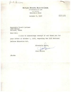 Primary view of object titled '[Letter from Jack Binion to Truett Latimer, October 6, 1958]'.