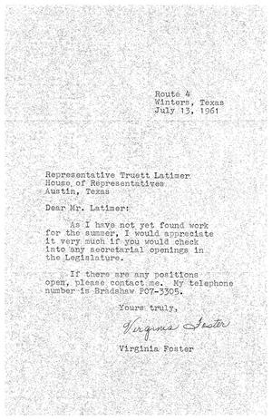 Primary view of object titled '[Letter from Virginia Foster to Truett Latimer, July 13, 1961]'.