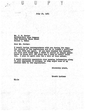 Primary view of object titled '[Letter from Truett Latimer to J. W. Porter, July 14, 1961]'.