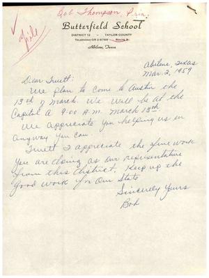 Primary view of object titled '[Letter from Bob Thompson to Truett Latimer, March 2, 1959]'.