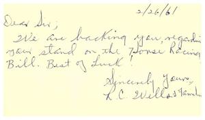 Primary view of object titled '[Postcard from R. C. Wells to Truett Latimer, February 26, 1961]'.
