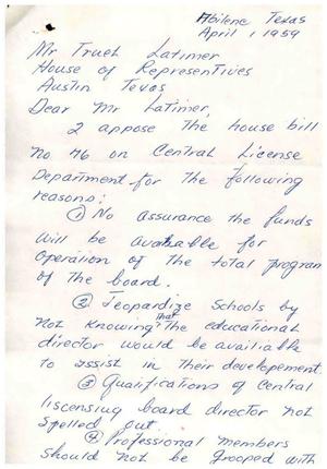 Primary view of object titled '[Letter from Norine Scott to Truett Latimer, April 1, 1959]'.