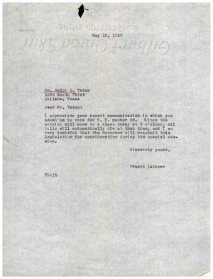 Primary view of object titled '[Letter from Truett Latimer to Ralph L. Tatom, May 12, 1959]'.