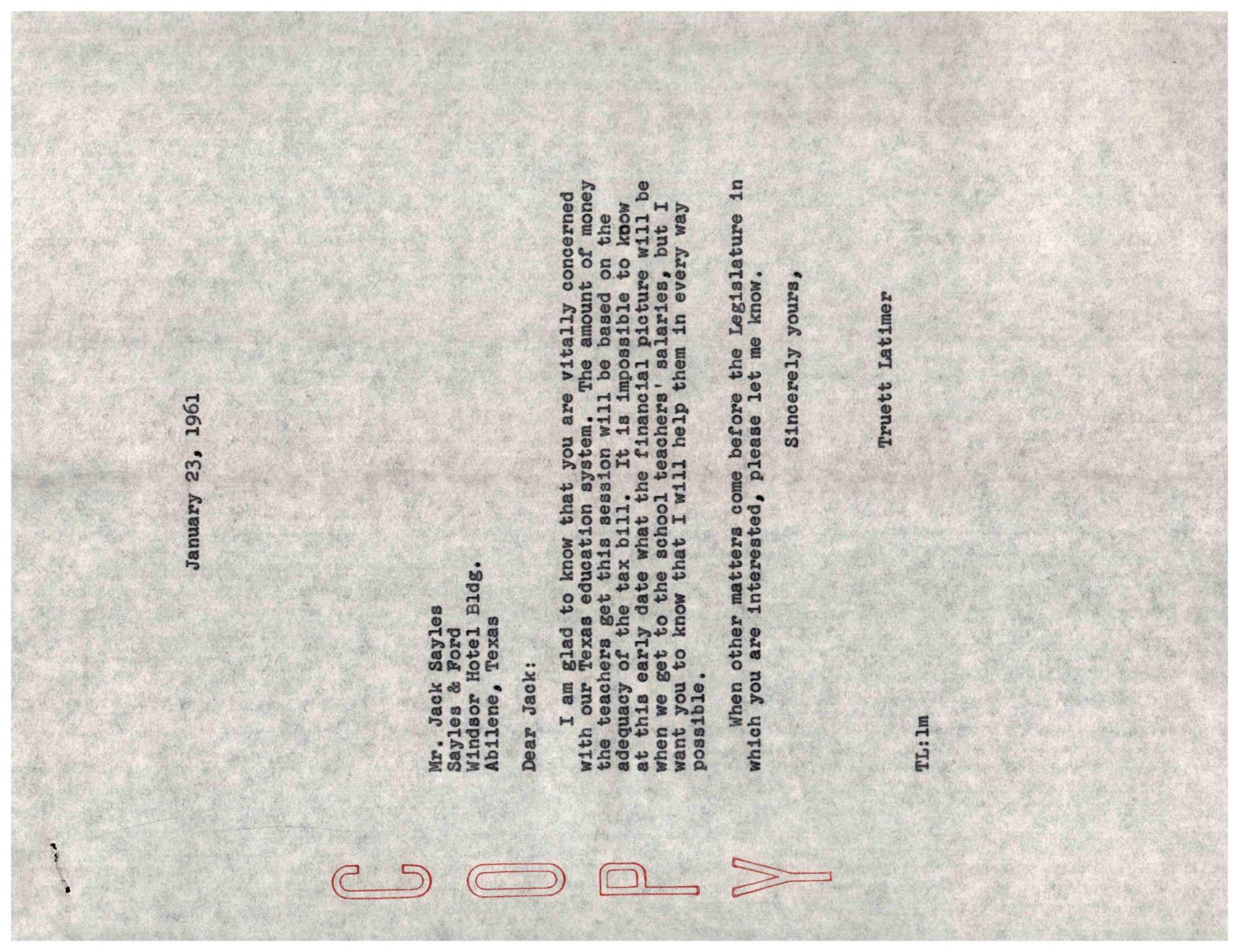 [Letter from Truett Latimer to Jack Sayles, January 23, 1961]
                                                
                                                    [Sequence #]: 1 of 1
                                                