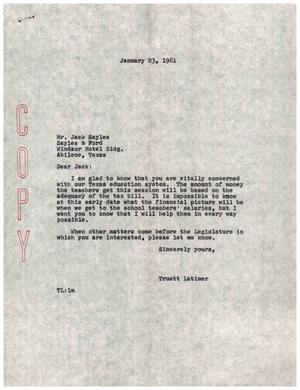 Primary view of object titled '[Letter from Truett Latimer to Jack Sayles, January 23, 1961]'.