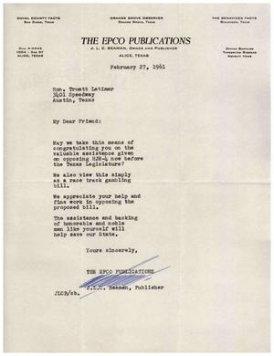 Primary view of object titled '[Letter from J. L. C. Beaman to Truett Latimer, February 27, 1961]'.