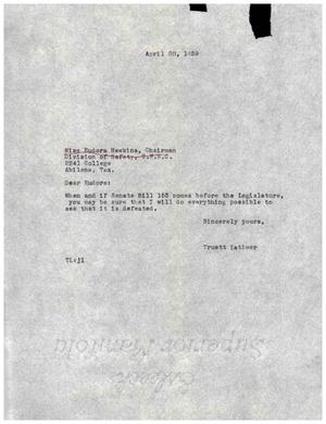 Primary view of object titled '[Letter from Truett Latimer to Eudora Hawkins, April 20, 1959]'.