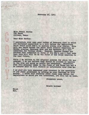 Primary view of object titled '[Letter from Truett Latimer to Jewell Perdue, February 27, 1961]'.
