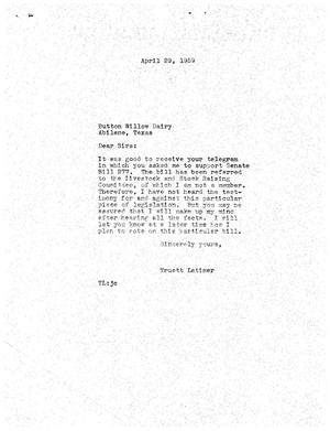 Primary view of object titled '[Letter from Truett Latimer to Button Willow Dairy, April 29, 1959]'.