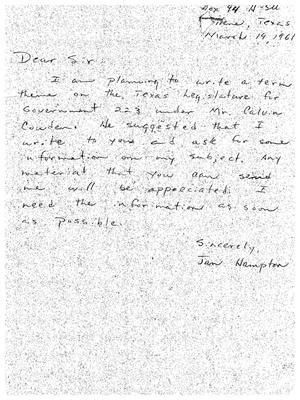 Primary view of object titled '[Letter from Jan Hampton to Truett Latimer, March 19, 1961]'.