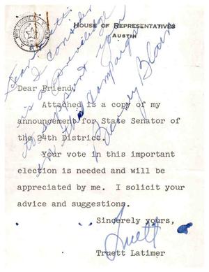 Primary view of object titled '[Postcard from Truett Latimer to Berney Blain, January 22, 1962]'.