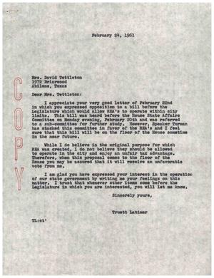 Primary view of object titled '[Letter from Truett Latimer to Mrs. David Tettleton, February 24, 1961]'.