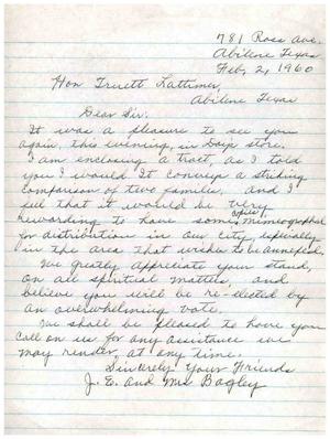 Primary view of object titled '[Letter from Mr. and Mrs. J. E. Bagley to Truett Latimer, February 2, 1960]'.