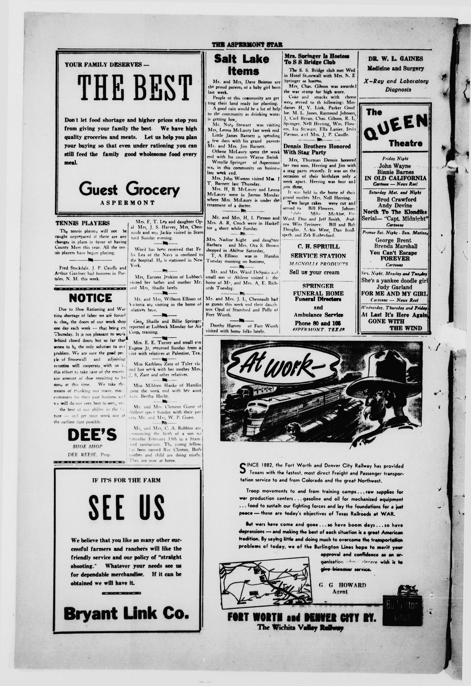 The Aspermont Star (Aspermont, Tex.), Vol. 44, No. 31, Ed. 1  Friday, February 26, 1943
                                                
                                                    [Sequence #]: 4 of 4
                                                