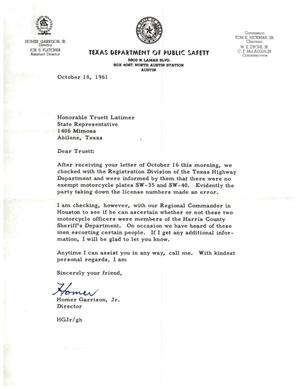 Primary view of object titled '[Letter from Homer Garrison Jr. to Truett Latimer, October 18, 1961]'.