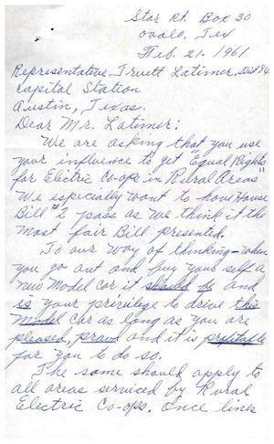 Primary view of object titled '[Letter from Mr. and Mrs. H. E. Nicholas to Truett Latimer, February 21, 1961]'.
