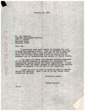 Primary view of object titled '[Letter from Truett Latimer to Joe Lassiter, January 19, 1961]'.