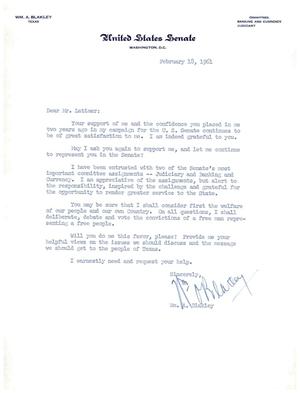 Primary view of object titled '[Letter from William A. Blakely to Truett Latimer, February 18, 1961]'.