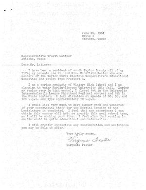 Primary view of object titled '[Letter from Virginia Foster to Truett Latimer, June 20, 1961]'.