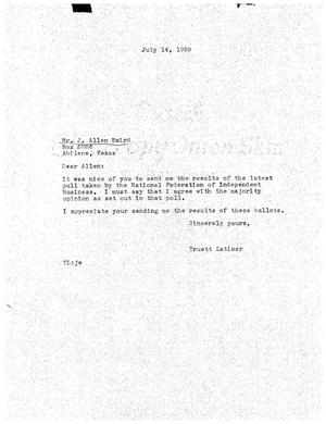 Primary view of object titled '[Letter from Truett Latimer to J. Allen Baird, July 14, 1959]'.
