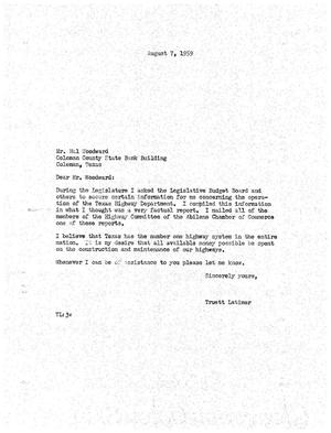 Primary view of object titled '[Letter from Truett Latimer to Hal Woodward, August 7, 1959]'.