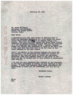 Primary view of object titled '[Letter from Truett Latimer to Morey Millerman, February 24, 1961]'.