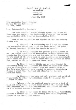 Primary view of object titled '[Letter from Arthur E. Hall, Jr. to Truett Latimer, June 30, 1961]'.