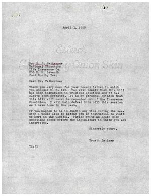 Primary view of object titled '[Letter from Truett Latimer to H. S. Fatherree, April 1, 1959]'.