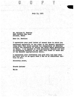 Primary view of object titled '[Letter from Truett Latimer to William F. Perkins, July 13, 1961]'.
