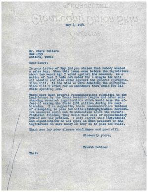 Primary view of object titled '[Letter from Truett Latimer to Cleve Cullers, May 8, 1961]'.