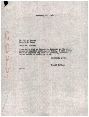 Primary view of object titled '[Letter from Truett Latimer to R. A. Barnes, February 22, 1961]'.