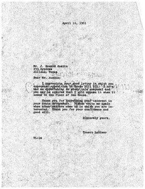 Primary view of object titled '[Letter from Truett Latimer to J. Howard Austin, April 10, 1961]'.