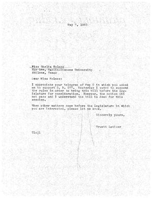 Primary view of object titled '[Letter from Truett Latimer to Shelia Holmes, May 7, 1959]'.